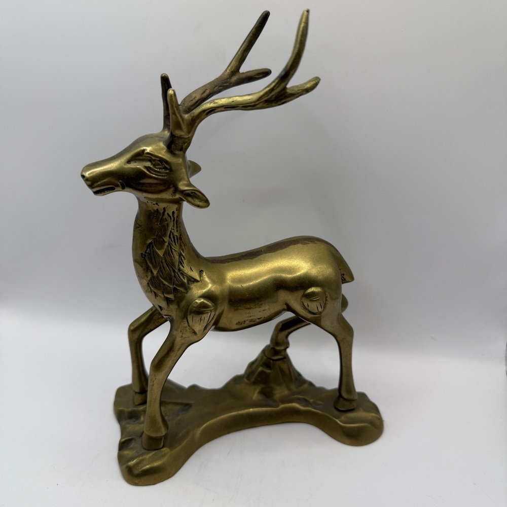 Solid Brass Buck Deer Reindeer Figure Statue Wildlife Nature Vintage 8.5" Tall